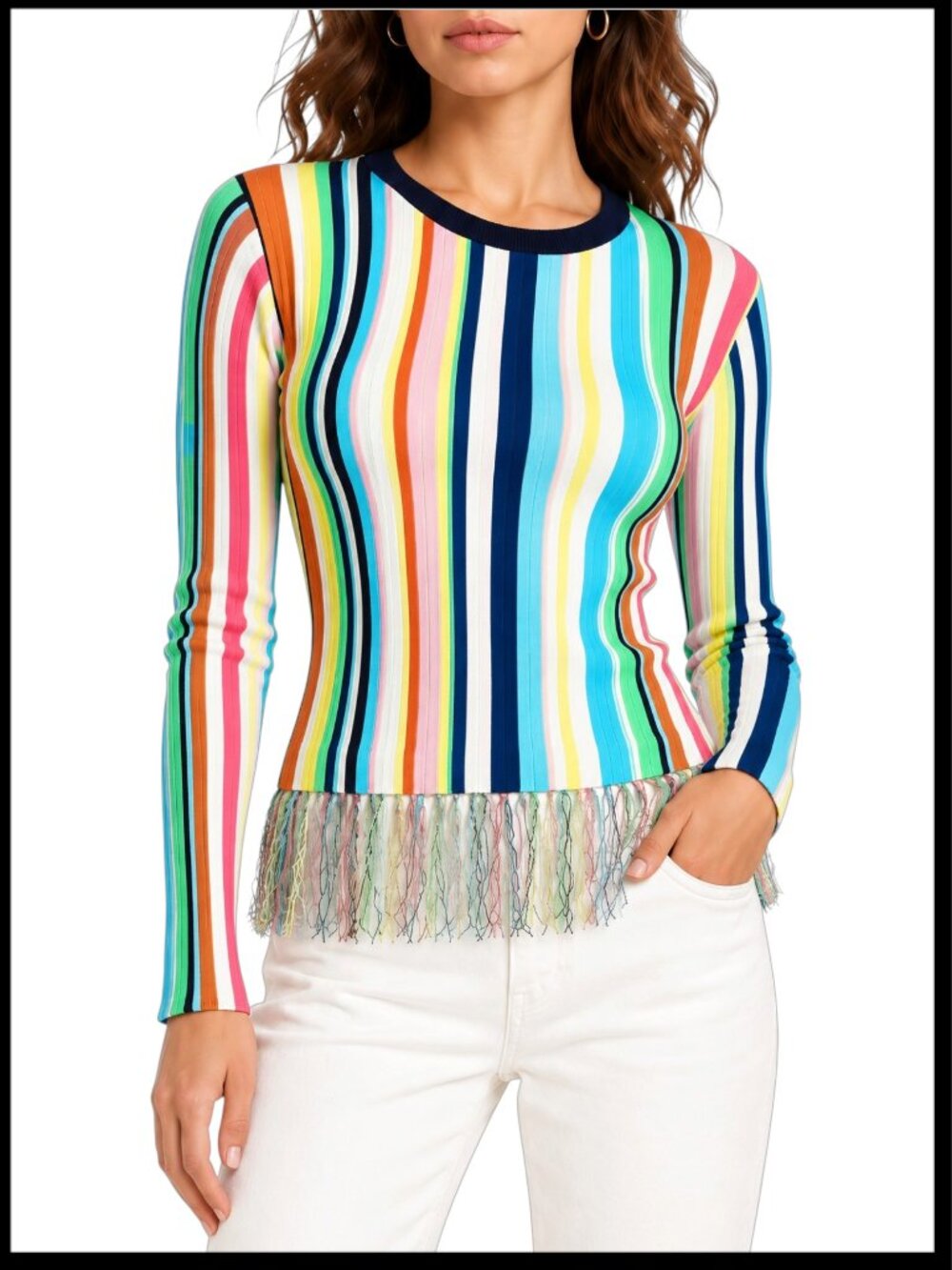 Milly Rainbow Stripe Ribbed Knit Fringe Hem Sweater P / XS